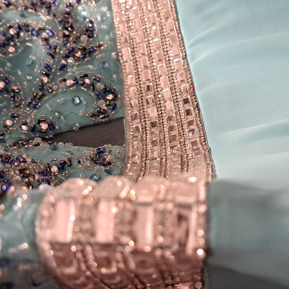 Dave and Johnny Chiffon Beaded Sequins Sheer Panel Cutouts Aqua Dress Size 4 - Picture 7 of 10